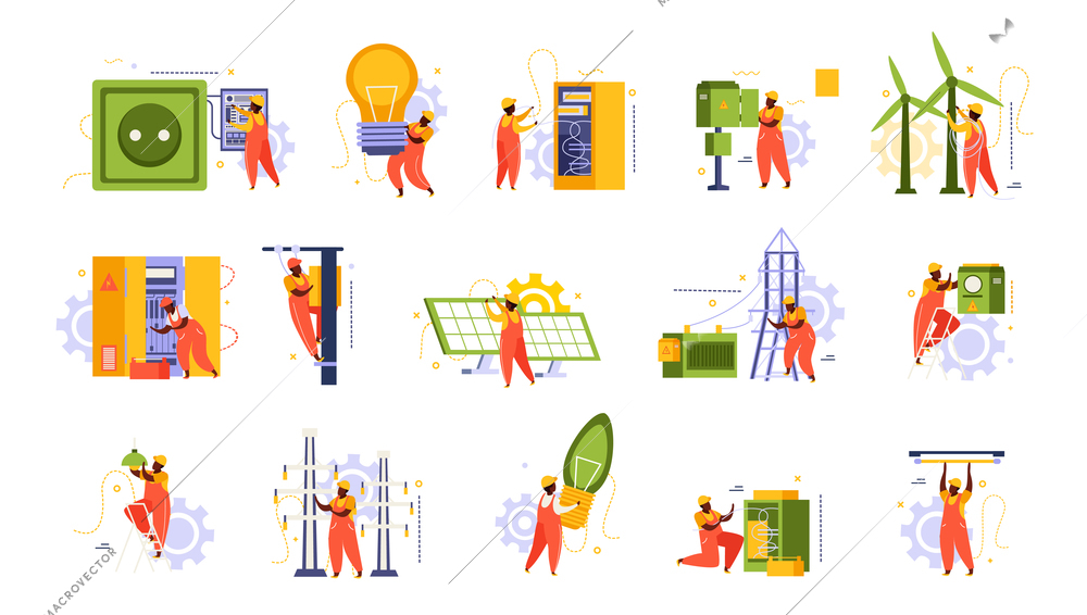 Electricity and lighting flat recolor set of isolated icons with domestic sockets light bulbs and workers vector illustration