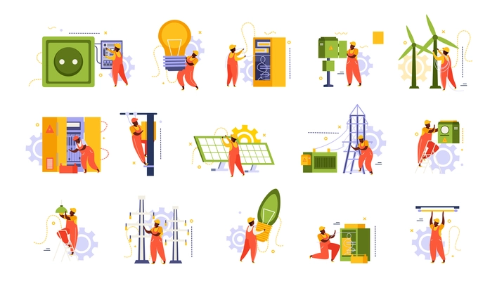Electricity and lighting flat recolor set of isolated icons with domestic sockets light bulbs and workers vector illustration