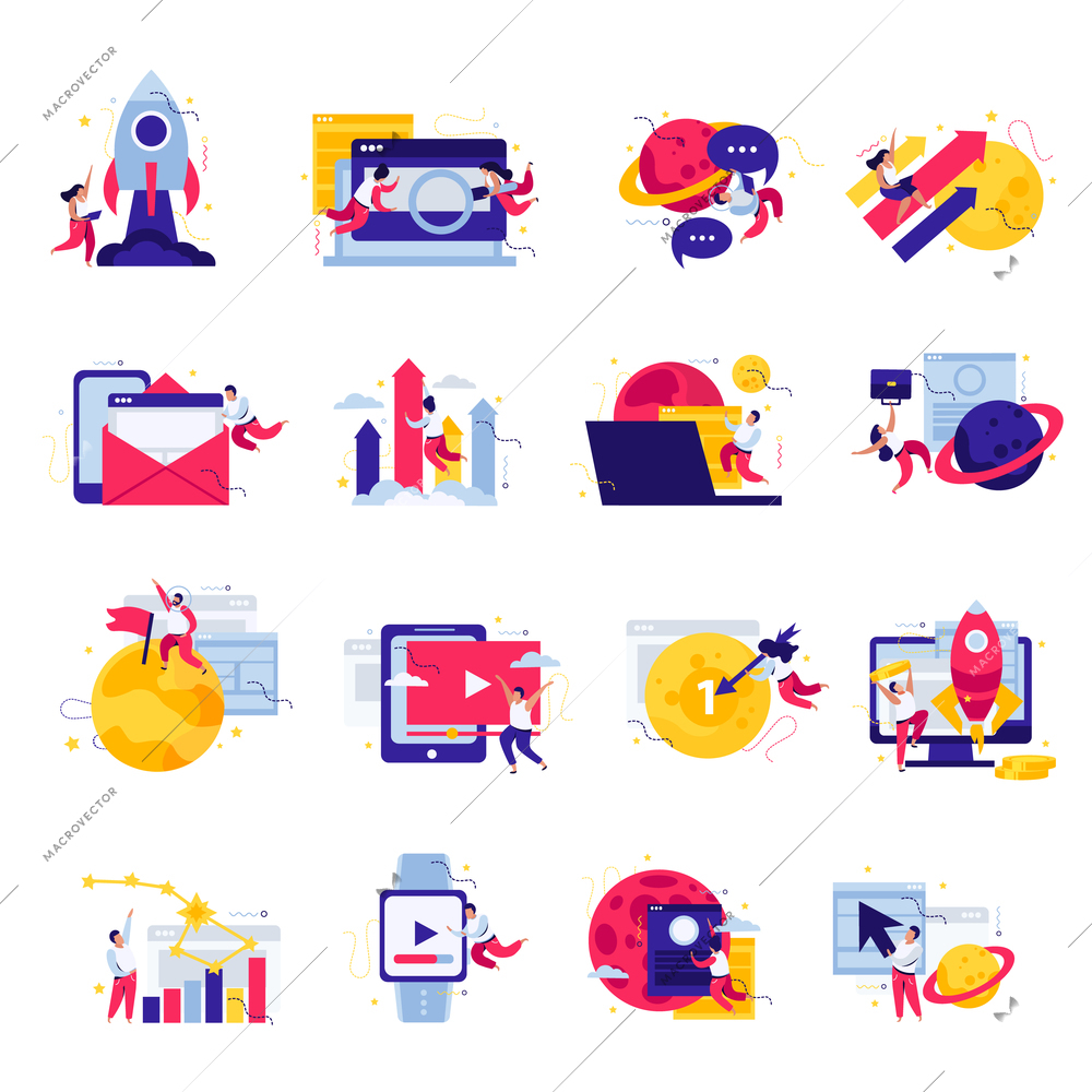 Startup flat set of sixteen isolated icons with images of computers gadgets rocket launch and people vector illustration