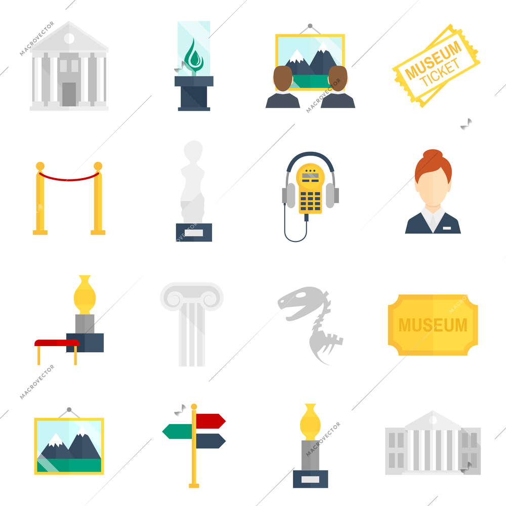 Museum art exhibition icons flat set isolated vector illustration