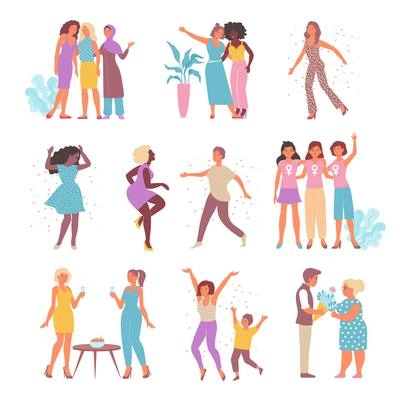 International womens day icon set with female characters in different situations isolated on white background flat vector illustration