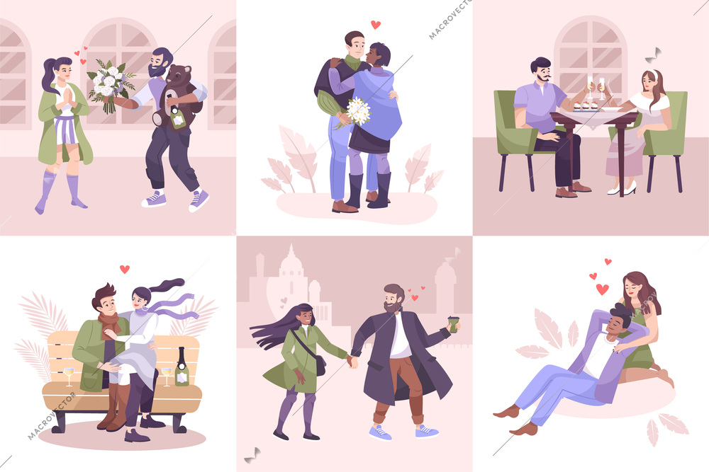 Flat romantic couple composition icon set with different types of romantic pastime and dates vector illustration