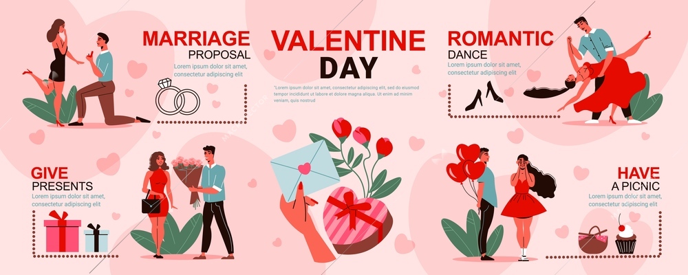 Valentine day love infographics with editable text captions and images of gifts cards and dating couples vector illustration