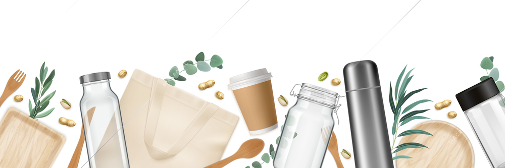 Zero waste horizontal realistic poster with cup and spoon vector illustration