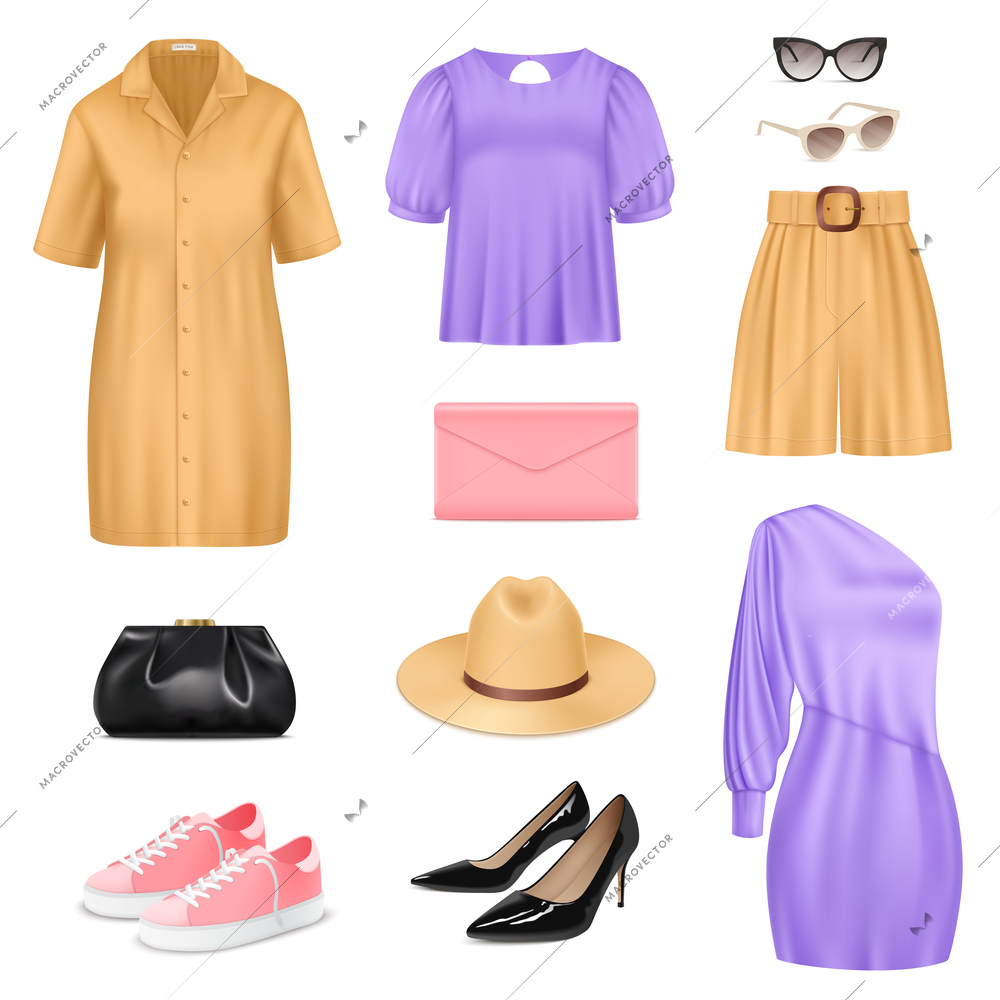 Women fashion realistic set with dress hat and shoes isolated vector illustration