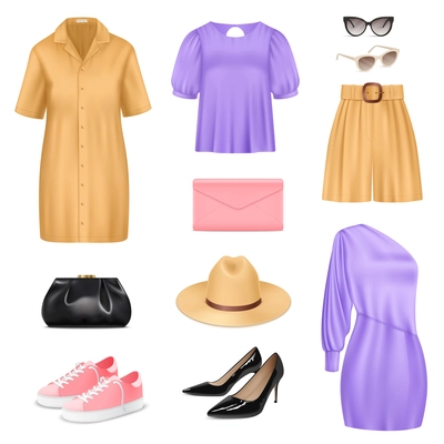 Women fashion realistic set with dress hat and shoes isolated vector illustration