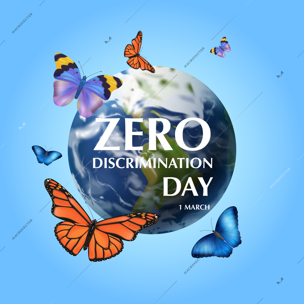 Zero discrimination day square composition with editable text on earth globe with images of flying butterflies vector illustration