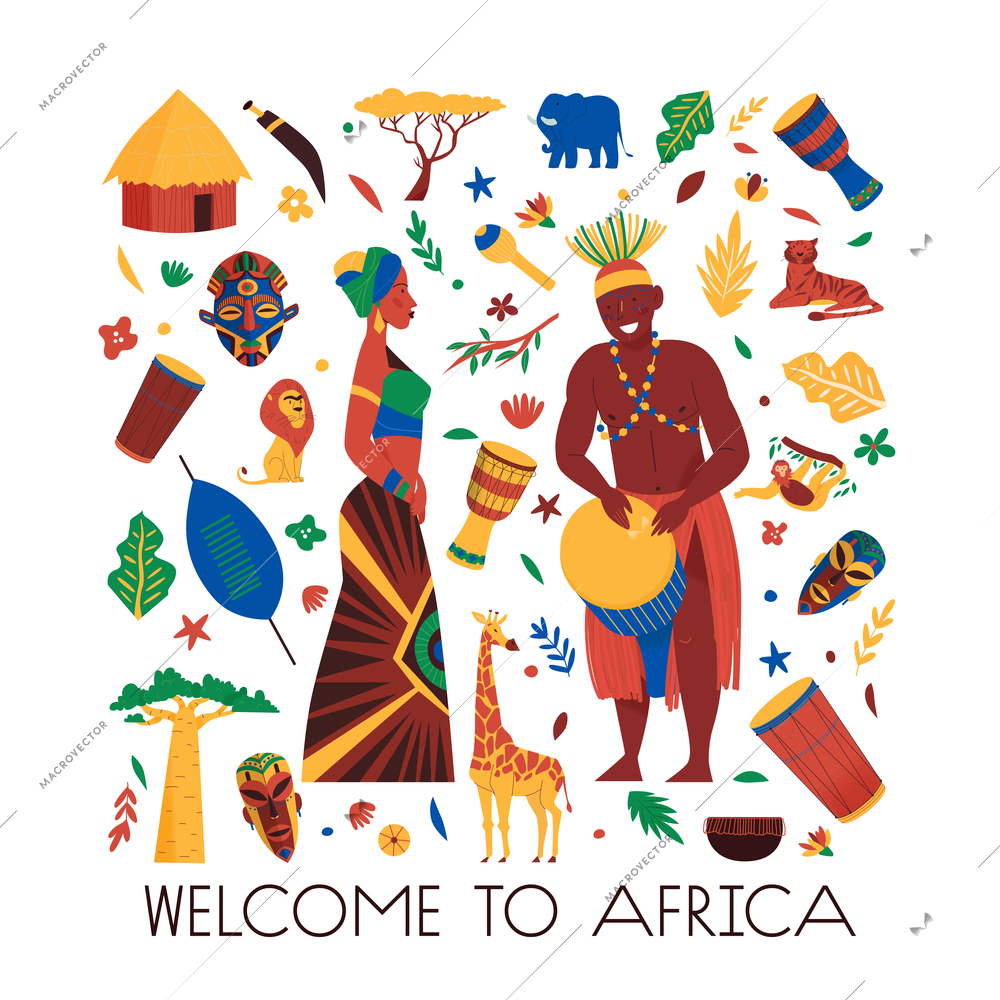 Africa composition with editable text and isolated icons of animals masks exotic plants and african people vector illustration