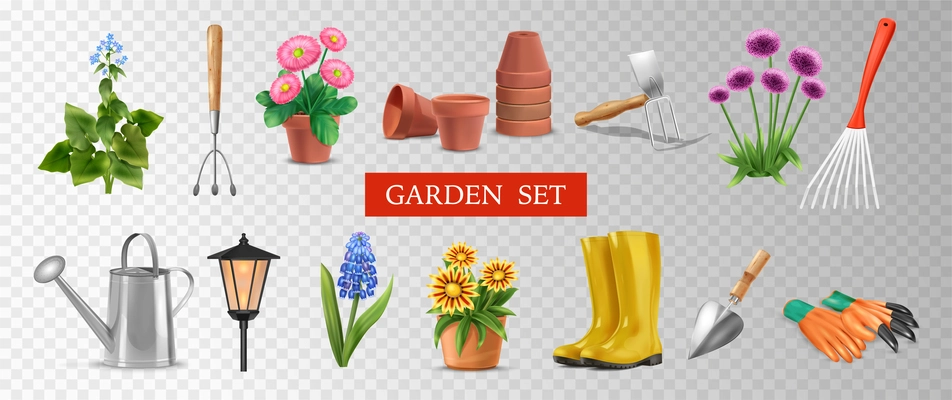 Realistic garden set of isolated icons on transparent background with flower pot and gardening tools images vector illustration