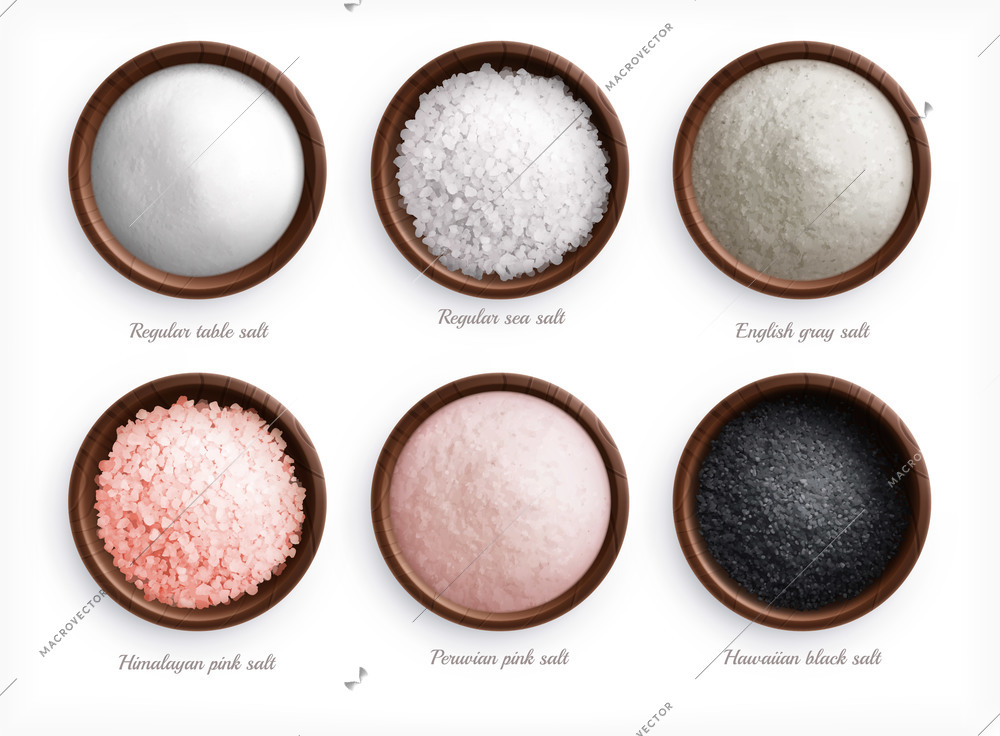 Salt types realistic set with top view of colorful sea salt in dishes with text captions vector illustration