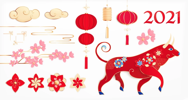 Chinese new year 2021 set of isolated icons with traditional symbols and decorations with pink flowers vector illustration