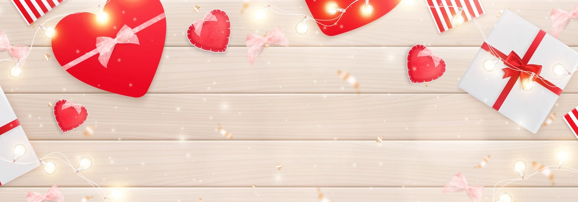 Valentines day hearts realistic horizontal composition with top view of festive boxes with gifts and lights vector illustration