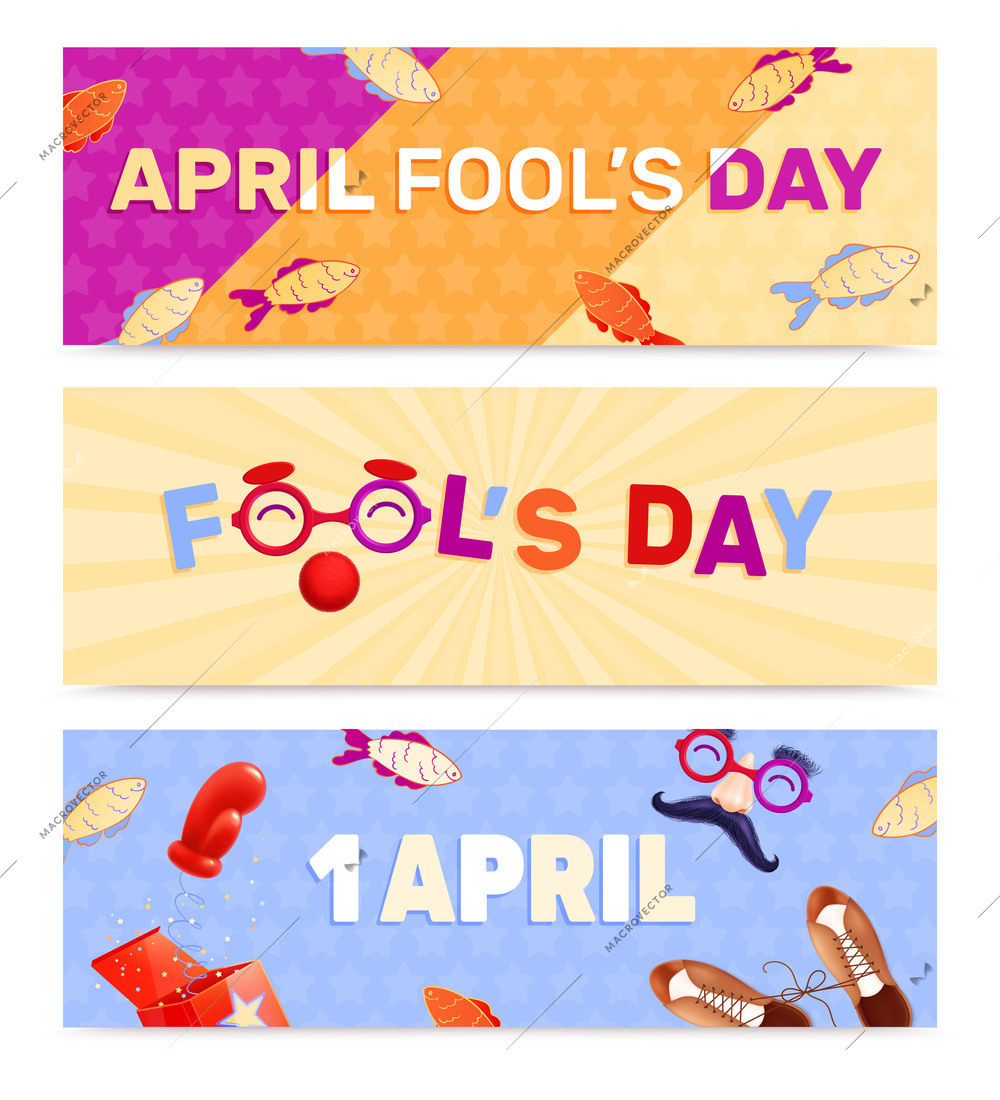 Fools day 1 april realistic set of three horizontal banners with text and funny doodle icons vector illustration