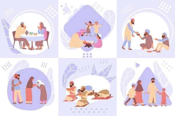 Ramadan design concept with set of compositions with flat images of praying muslim people with families vector illustration