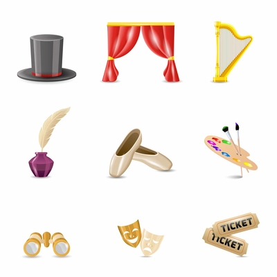 Theatre performance and acting icons set realistic isolated vector illustration