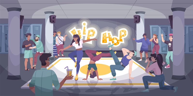 Dancer modern flat composition with group of hip hop dancers performing at indoor event with audience vector illustration