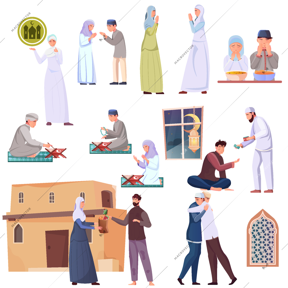 Flat ramadan icons set with muslim people praying donating money and food having iftar greeting each other isolated vector illustration