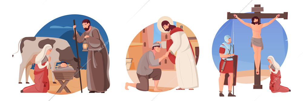 Set of three flat compositions with jesus christ and christian people isolated vector illustration