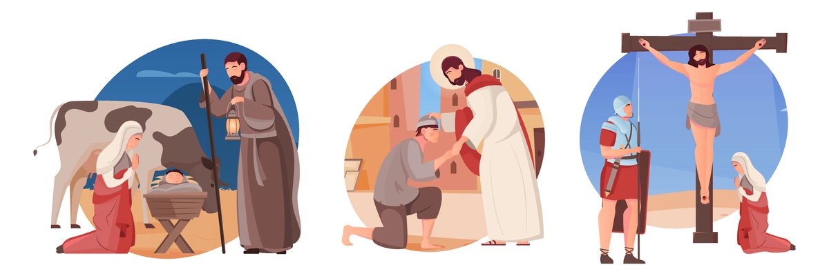 Set of three flat compositions with jesus christ and christian people isolated vector illustration