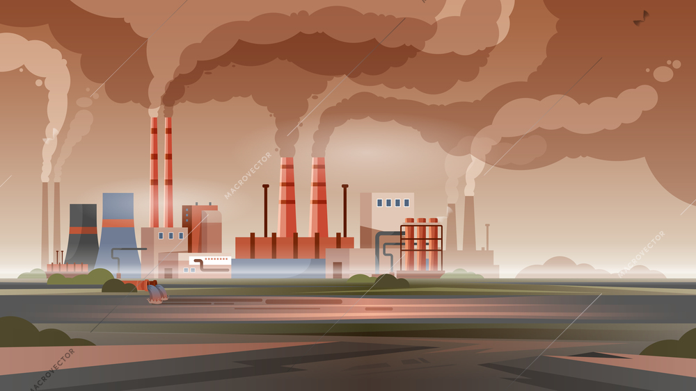 Factory pollution city air and water with smoke and toxic waste flat vector illustration