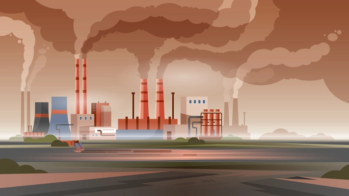 Factory pollution city air and water with smoke and toxic waste flat vector illustration