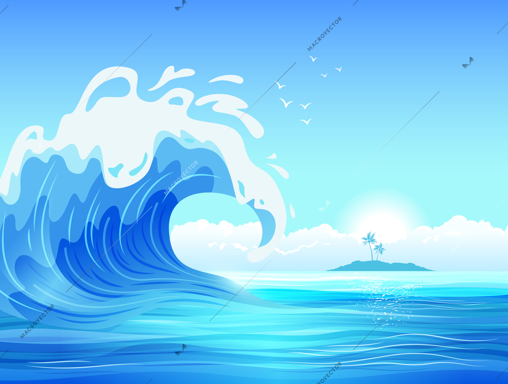 Big ocean wave with tropical island on background flat vector illustration