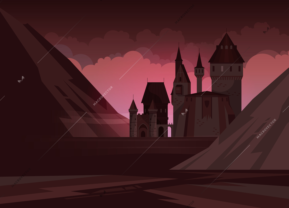 High medieval stone castle with towers in mountains at night flat vector illustration