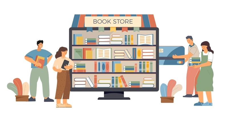 Book shop online flat composition with abstract online book store and buyers vector illustration