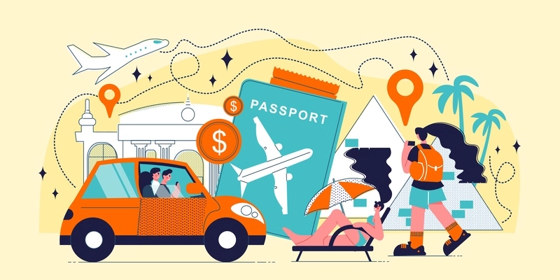 Travel vacation composition with location signs and relaxing people with car passport and places of interest vector illustration