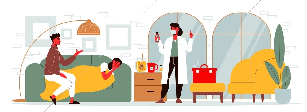 Flu composition with indoor interior scenery and sick woman lying on sofa with doctor in uniform vector illustration