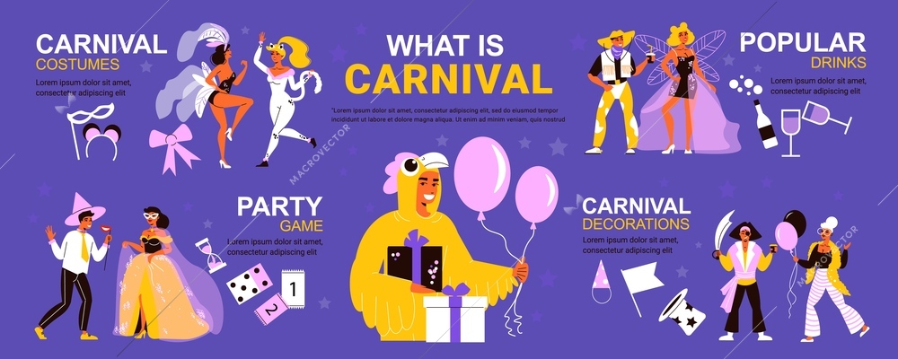 Carnival infographics with isolated human characters of people in festive costumes masks and editable text captions vector illustration