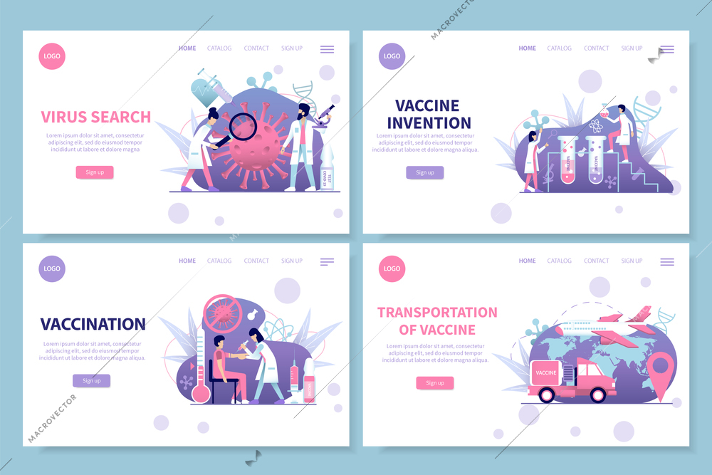 Coronavirus search vaccine invention transportation and vaccination flat banners set isolated vector illustration