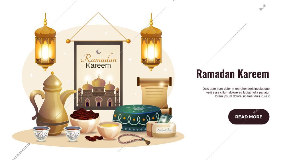 Ramadan kareem horizontal banner with glowing lanterns and traditional iftar food vector illustration