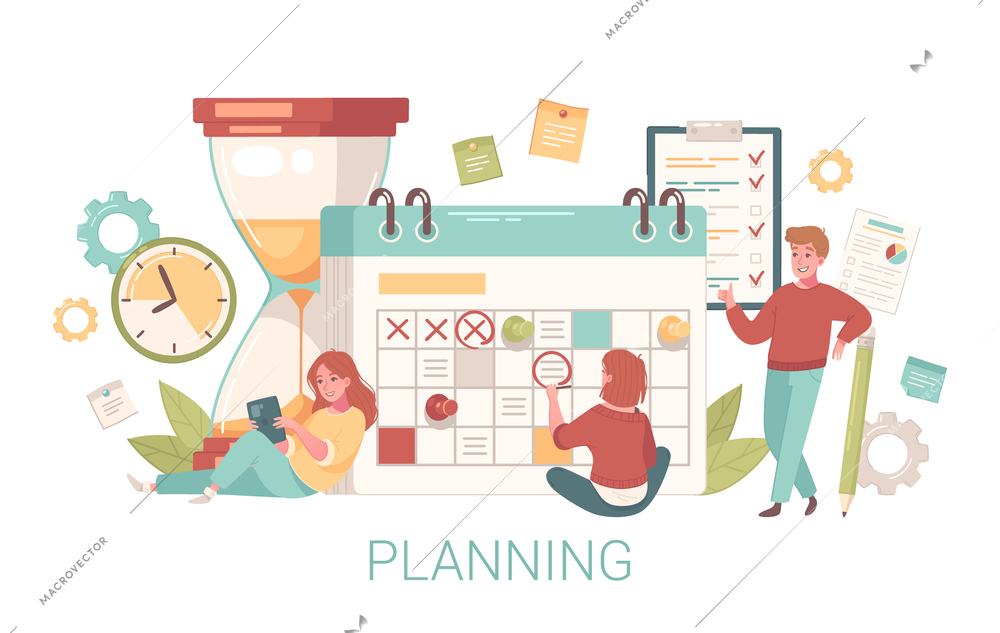 Personal growth self development composition with people drawing marks on calendar with hour glass and text vector illustration