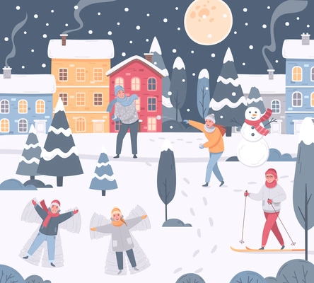 Winter sports leisure activity cartoon composition with view of snowy town with trees houses and people vector illustration