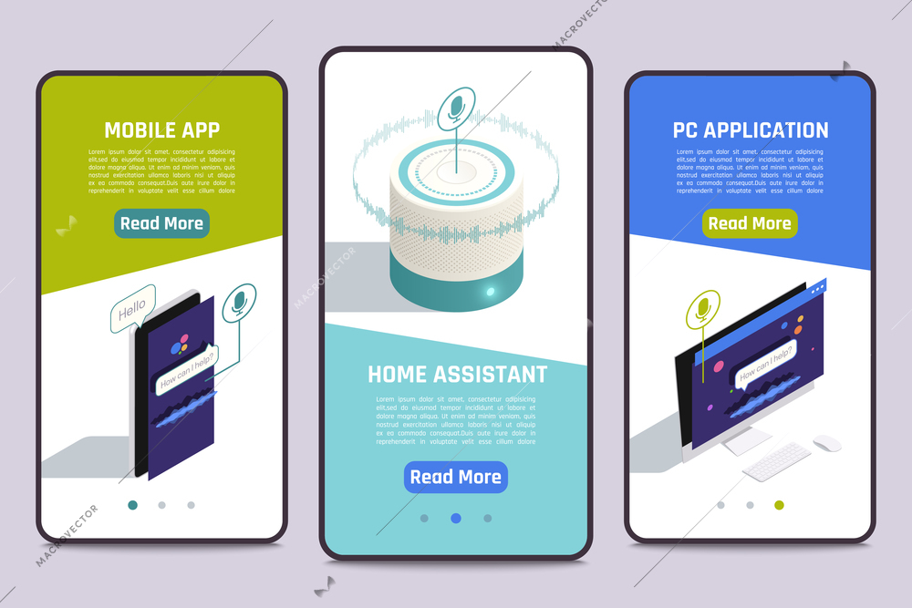 Smart home voice assistant 3 isometric smartphone tablets screens banners with mobile app pc application vector illustration