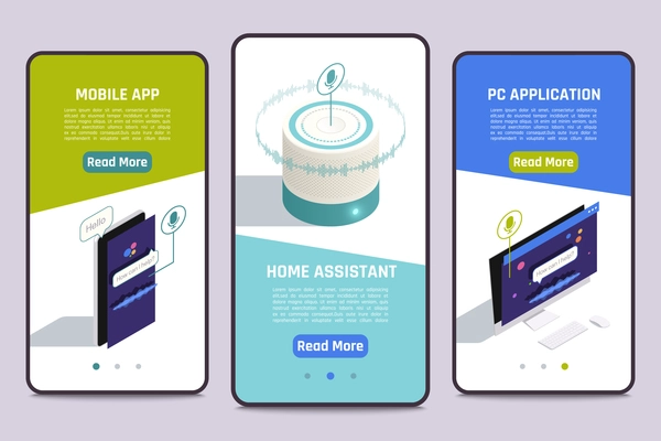 Smart home voice assistant 3 isometric smartphone tablets screens banners with mobile app pc application vector illustration
