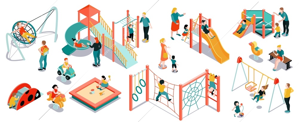 Isometric playground color set with isolated icons and images of play equipment with children and parents vector illustration