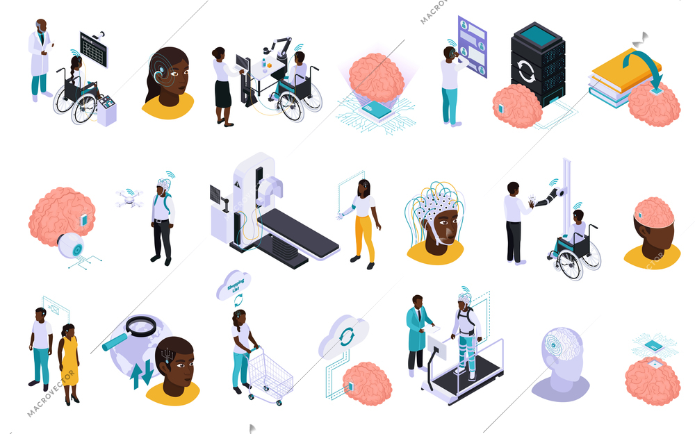 Brain pathologies neural implants treatment diagnose procedure rehabilitation cloud interface control technologies research  isometric set vector illustration