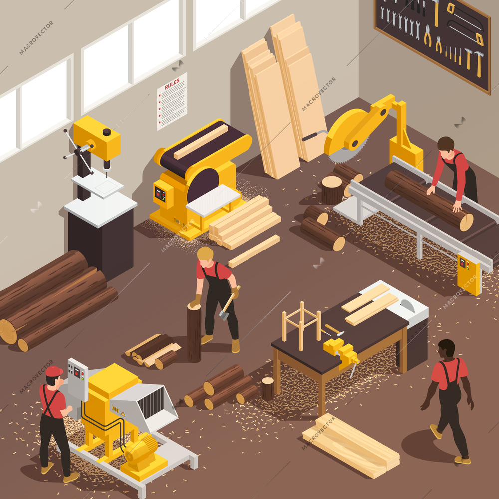 Four male lumberjacks working with logs of wood at sawmill 3d isometric vector illustration
