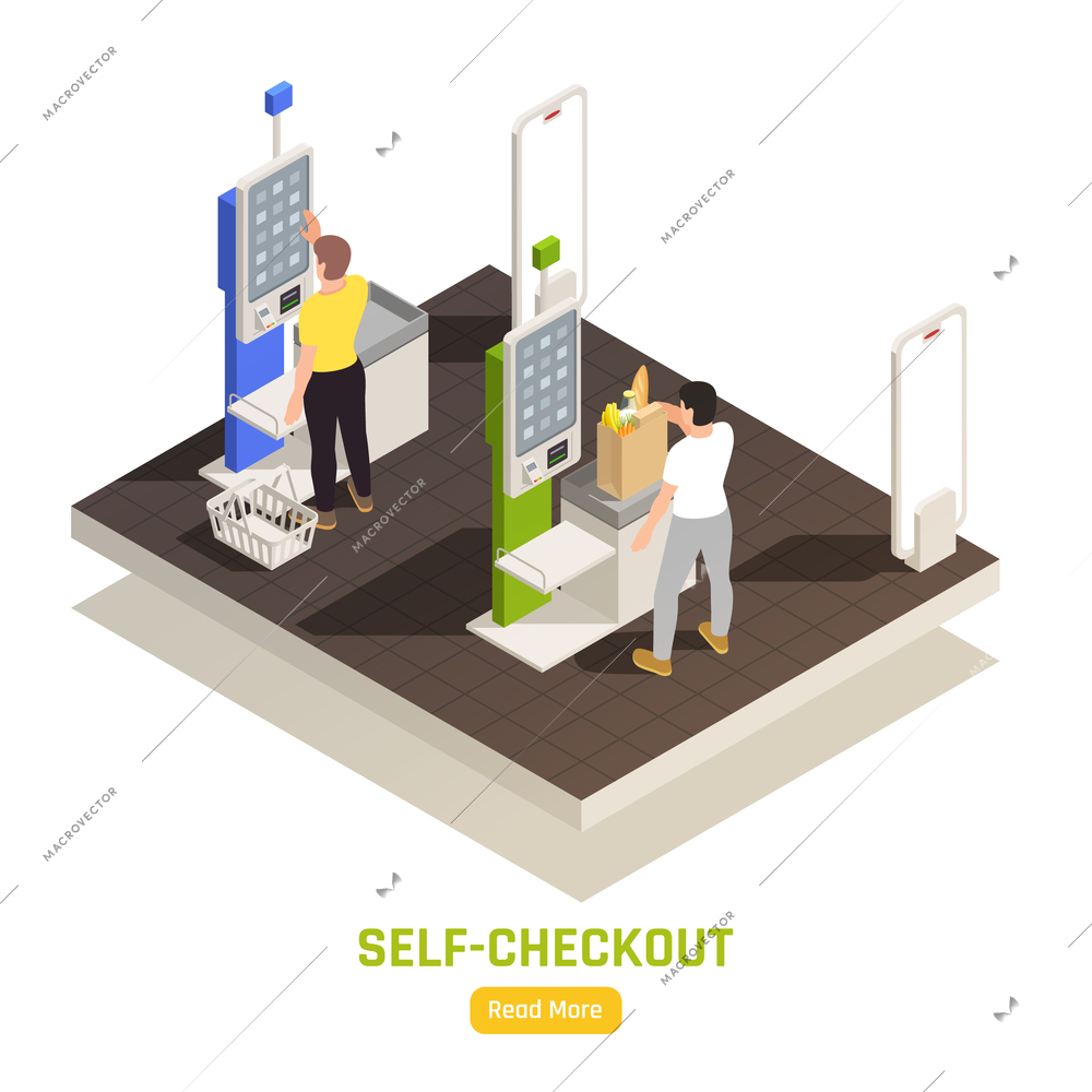 People paying at self checkout with touch screen display at supermarket isometric composition 3d vector illustration