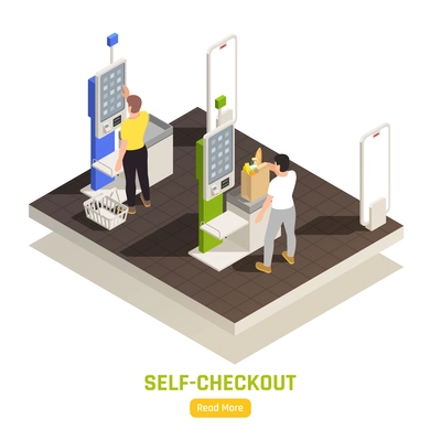 People paying at self checkout with touch screen display at supermarket isometric composition 3d vector illustration