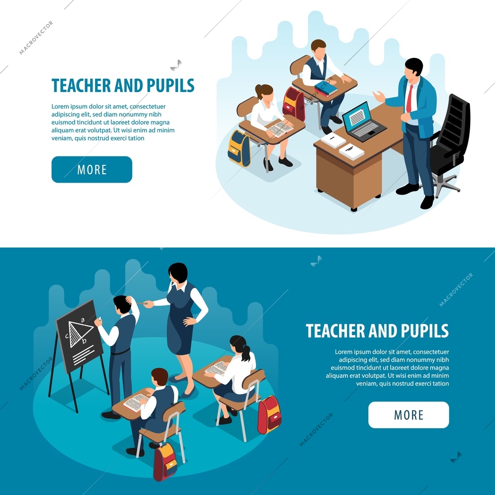 Set of two isometric school banners with characters of teacher with pupils editable text and button vector illustration