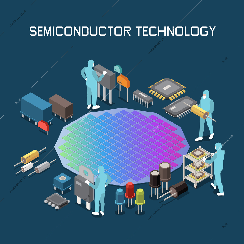 Semiconductor chip production isometric composition with editable text and gradient colored silicon wafer with circuit icons vector illustration