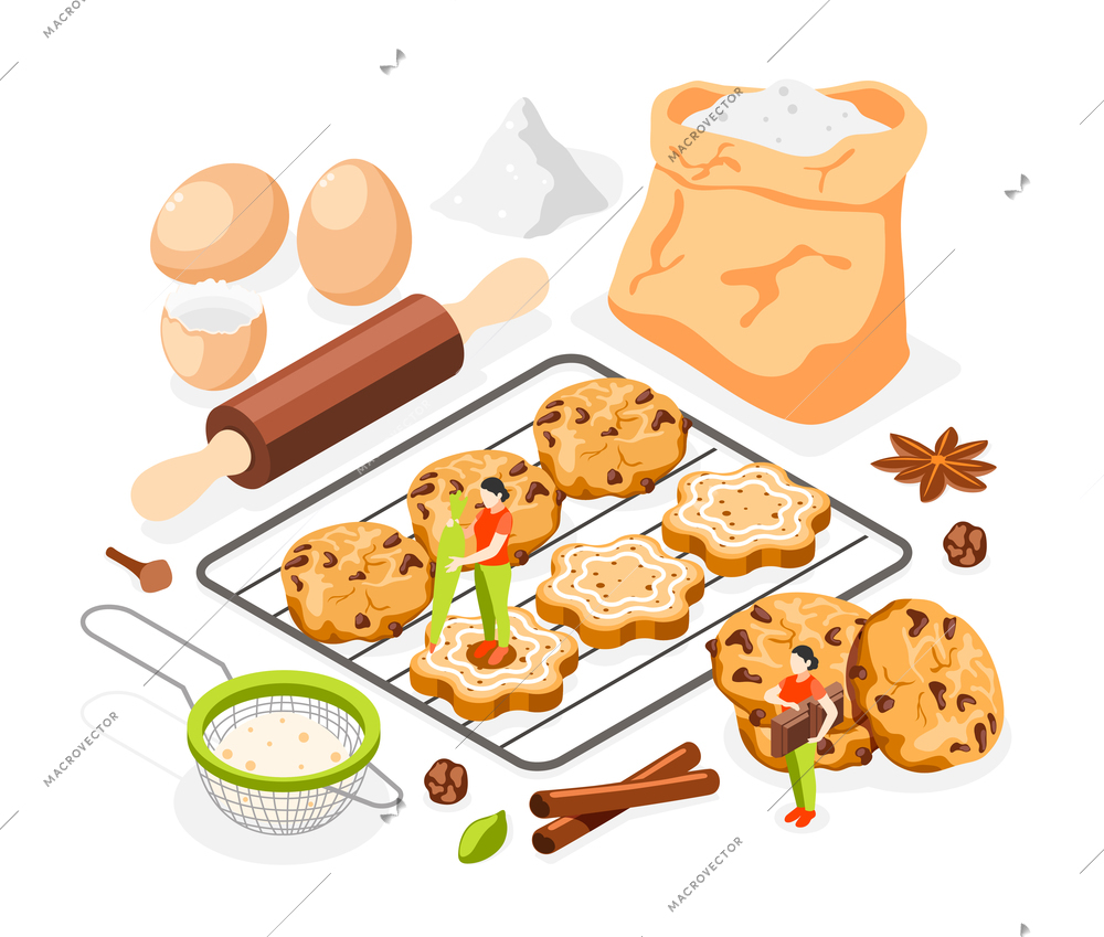 Bakery people isometric composition with images of cookies with ingredients of pastry and baking utensils images vector illustration