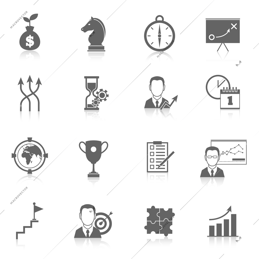 Business strategy finance planning black icons set isolated vector illustration