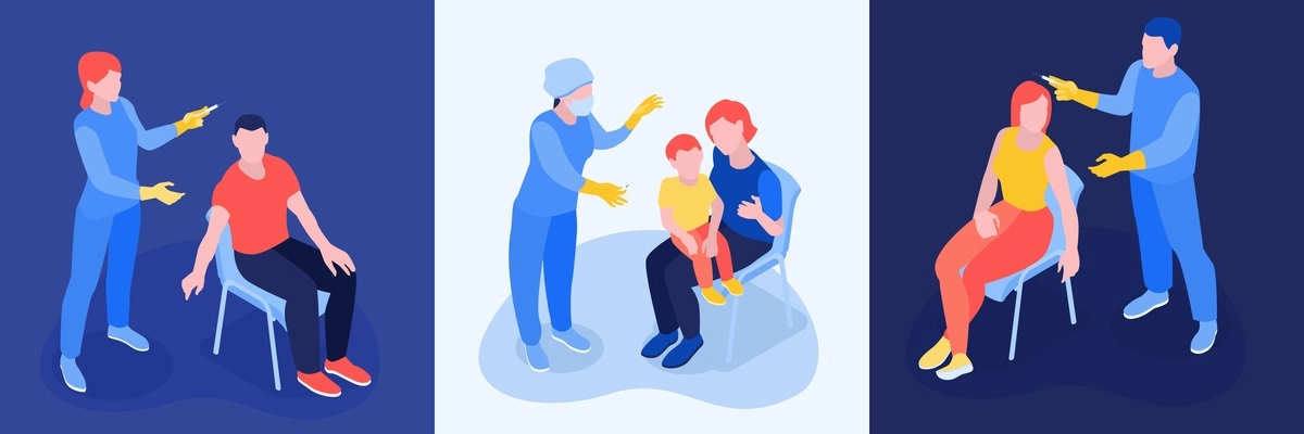 Vaccination isometric design concept with thee square compositions showing medical staff vaccinates adult and little patients vector illustration