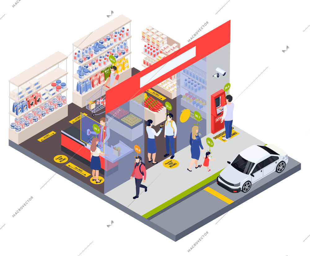 Laboratory medical testing isometric composition checking the visitor s temperature before entering vector illustration