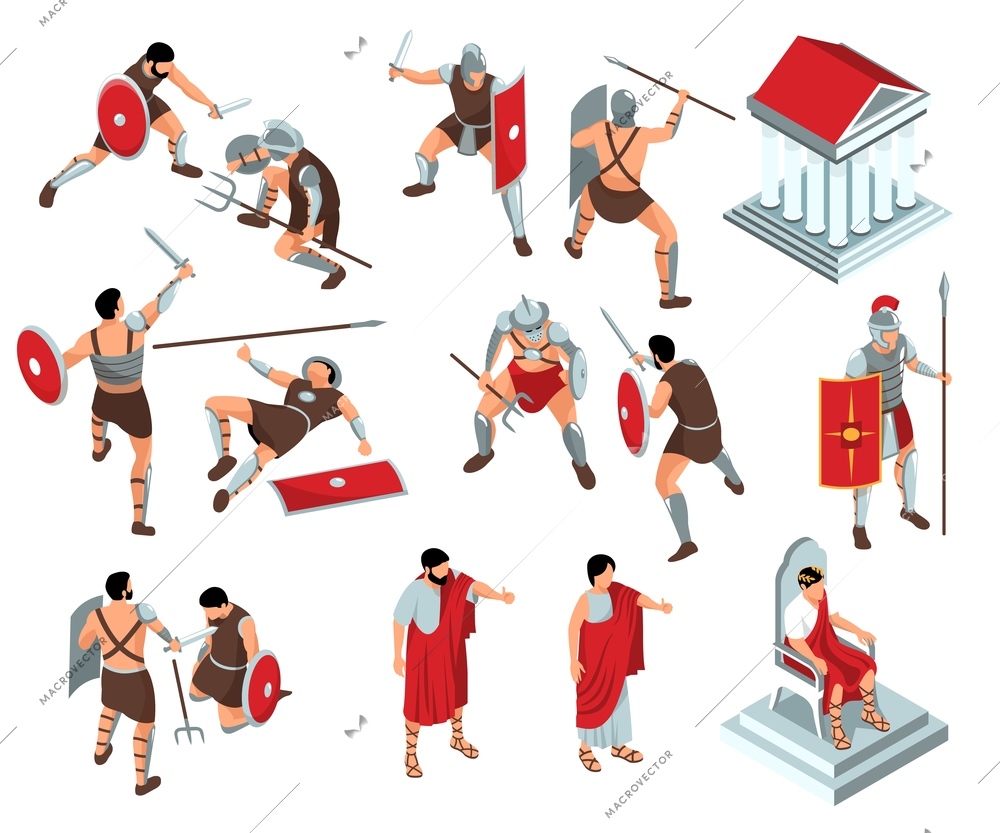 Isometric ancient rome gladiators set with isolated icons and characters of patricians and fighters with weapons vector illustration