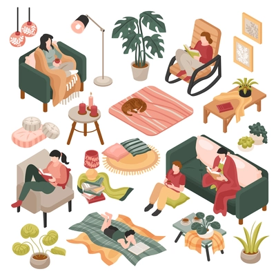 Cozy home isometric icons set with furniture decoration and human characters isolated on white background vector illustration